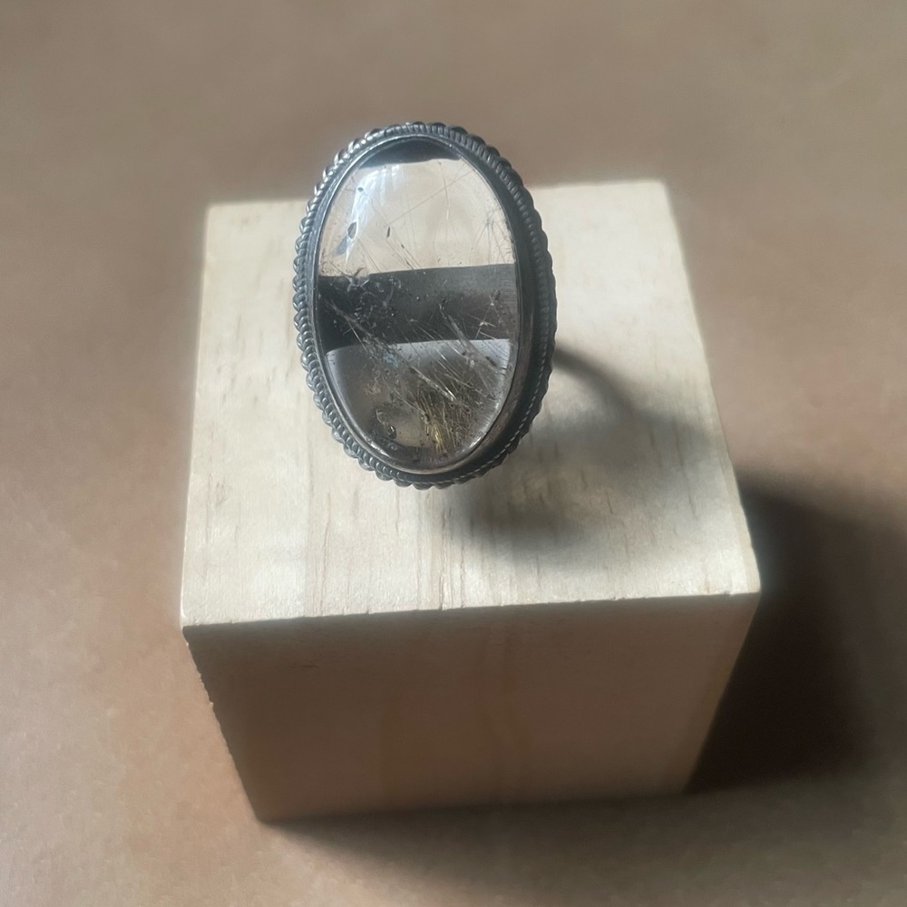Vintage stone quartz crystal 925 marked sterling silver ring clear statement
